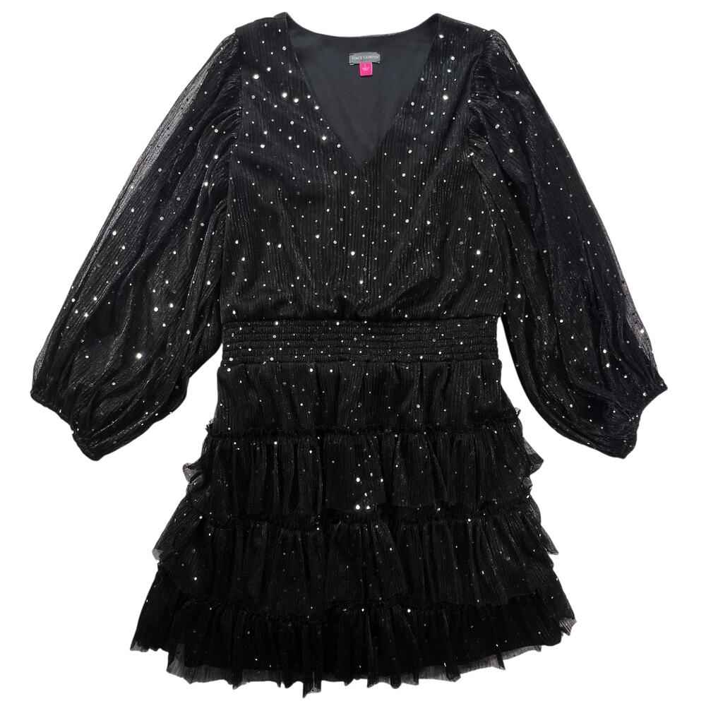 Vince Camuto Metallic Chiffon Mini Dress L Black Sheer Sleeve Tiered Sparkle - Picture 2 of 16
